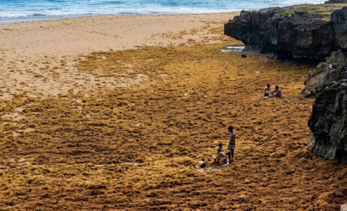 Impactante Escena en Las Galeras: Sargazo Cubre el Mar y Simula Niños Caminando Sobre el Agua