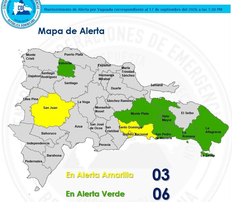 COE Sostiene Alertas Amarilla y Verde en Nueve Regiones Ante Pronóstico de Lluvias y Tormentas