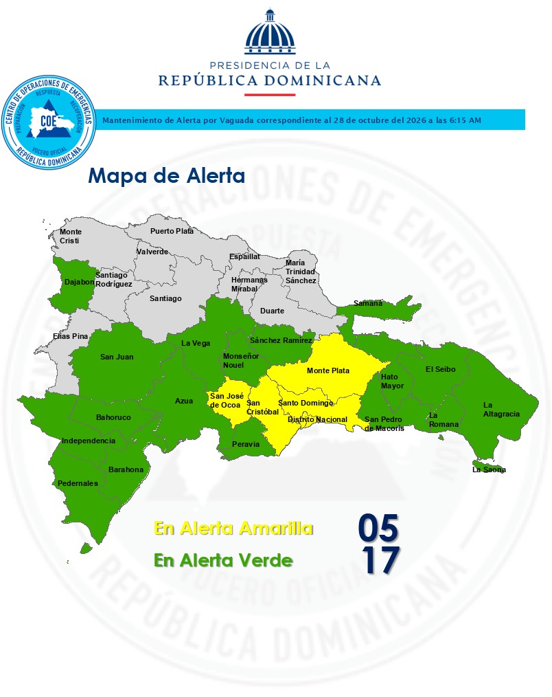 COE Reduce Alerta Amarilla a Cinco Provincias y Eleva a Diecisiete en Verde por Vaguada